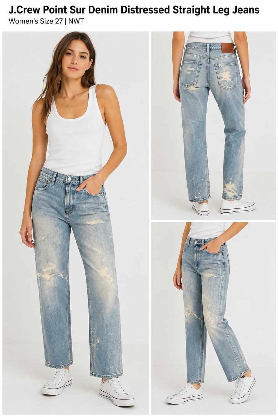 J.Crew Point Sur Denim Distressed Bleached Straight Leg Jeans Women’s Size 27
